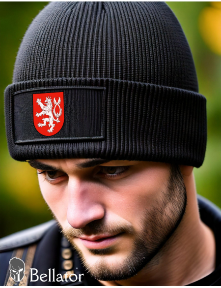 Knitted hat symbol Czech lion red logo black