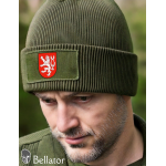 Knitted hat with the symbol of the Czech lion, red logo, olive