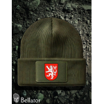 Knitted hat with the symbol of the Czech lion, red logo, olive