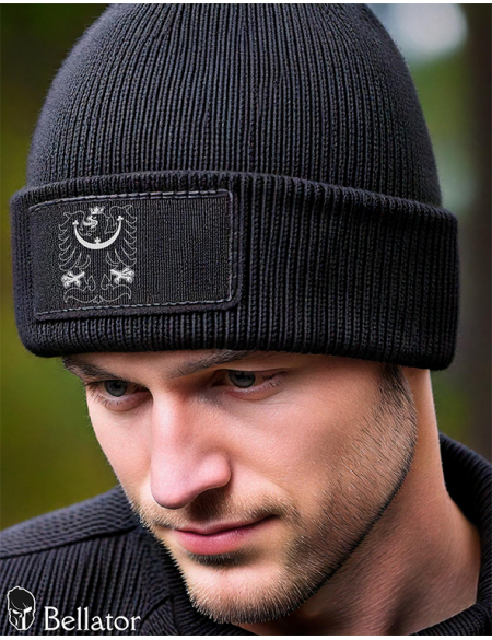 Knitted hat Moravian eagle symbol 02 black
